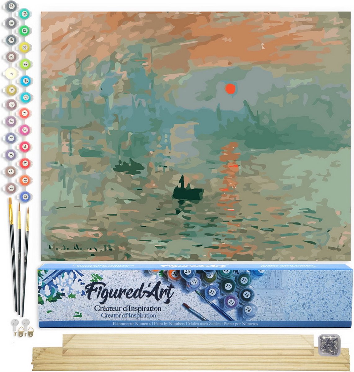 FiguredArt Schilderen op Nummer Volwassenen canvas Monet Zonsopgang - Handwerk acrylverf Kit DIY Compleet - 40x50cm met DIY houten lijst